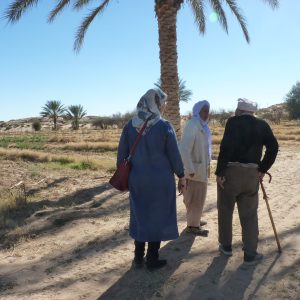 farmers next to a palm tree and the arid landscape in the background